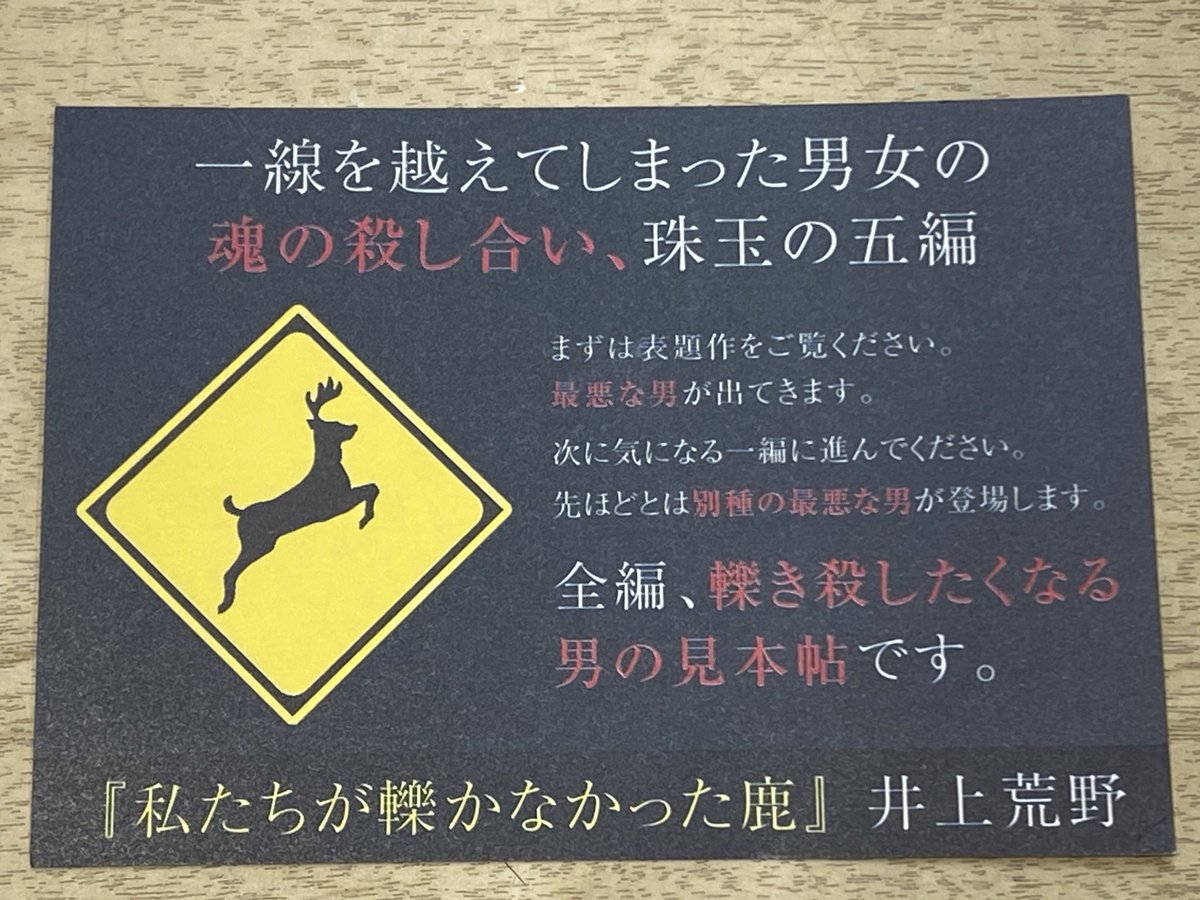 ＼＼サイン本入荷情報／／

✨本日発売✨

『照子と瑠衣』がドラマ化で話題！！
井上荒野先生、最新作！
『私たちが轢かなかった鹿』
U-NEXT

サイン本入荷しました🦌

 ＃井上荒野
 ＃私たちが轢かなかった鹿
 ＃UNEXT ＃サイン本