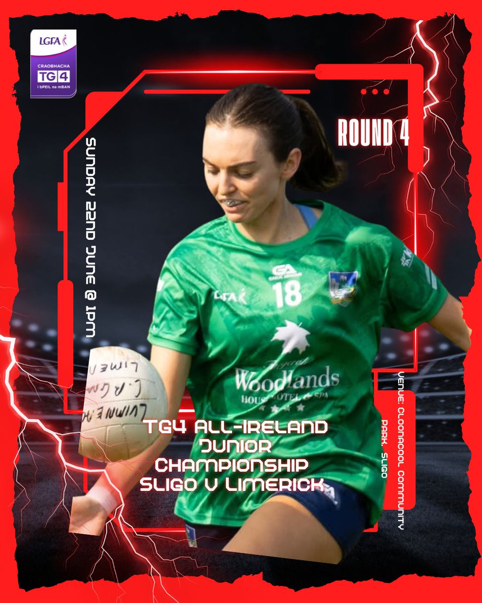 Live on LGFA Facebook &amp; YouTube 

TG4 All-Ireland Junior Championship 
Group A  Round 4
Sligo v Limerick 
Sunday 22nd June @ 1pm 
Venue: Cloonacool Community Park,  Sligo 
#ProperFan