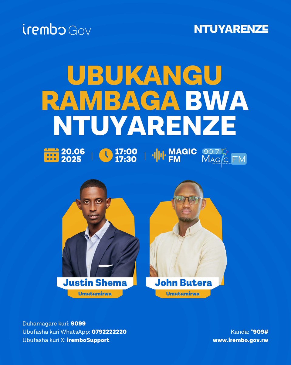 Ntimucikwe n’ikiganiro kijyanye n’Ubukangurambaga bwa #Ntuyarenze bwa <a href="/IremboGov/">IremboGov</a> ,kuri #MagicFM uyu munsi 17h00.

#MagicDrive #InesAndRobertMackenna