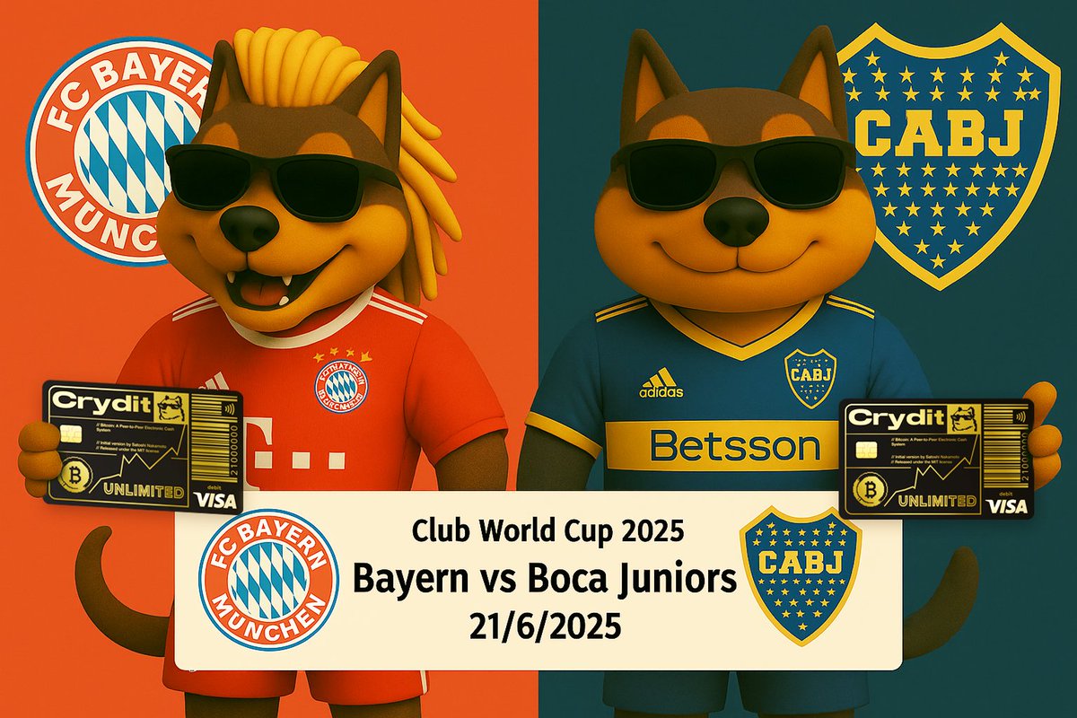 Crydit Unlimited Crypto Card (@cryditcard) on Twitter photo Crydit Football Geniuses, another epic match!
What's your score prediction?
<a href="/FCBayern/">FC Bayern München</a> 🆚 <a href="/BocaJrsOficial/">Boca Juniors</a>
🏆 $50 USD1 Prize Pool
Think you can predict it?(e.g., "Bayern 3-0")
⚽️ Follow Crydit through the FIFA Club World Cup!
#Football #Crydit #FIFACWC #USD1 Crydit Football Geniuses, another epic match!
What's your score prediction?
<a href="/FCBayern/">FC Bayern München</a> 🆚 <a href="/BocaJrsOficial/">Boca Juniors</a>
🏆 $50 USD1 Prize Pool
Think you can predict it?(e.g., "Bayern 3-0")
⚽️ Follow Crydit through the FIFA Club World Cup!
#Football #Crydit #FIFACWC #USD1