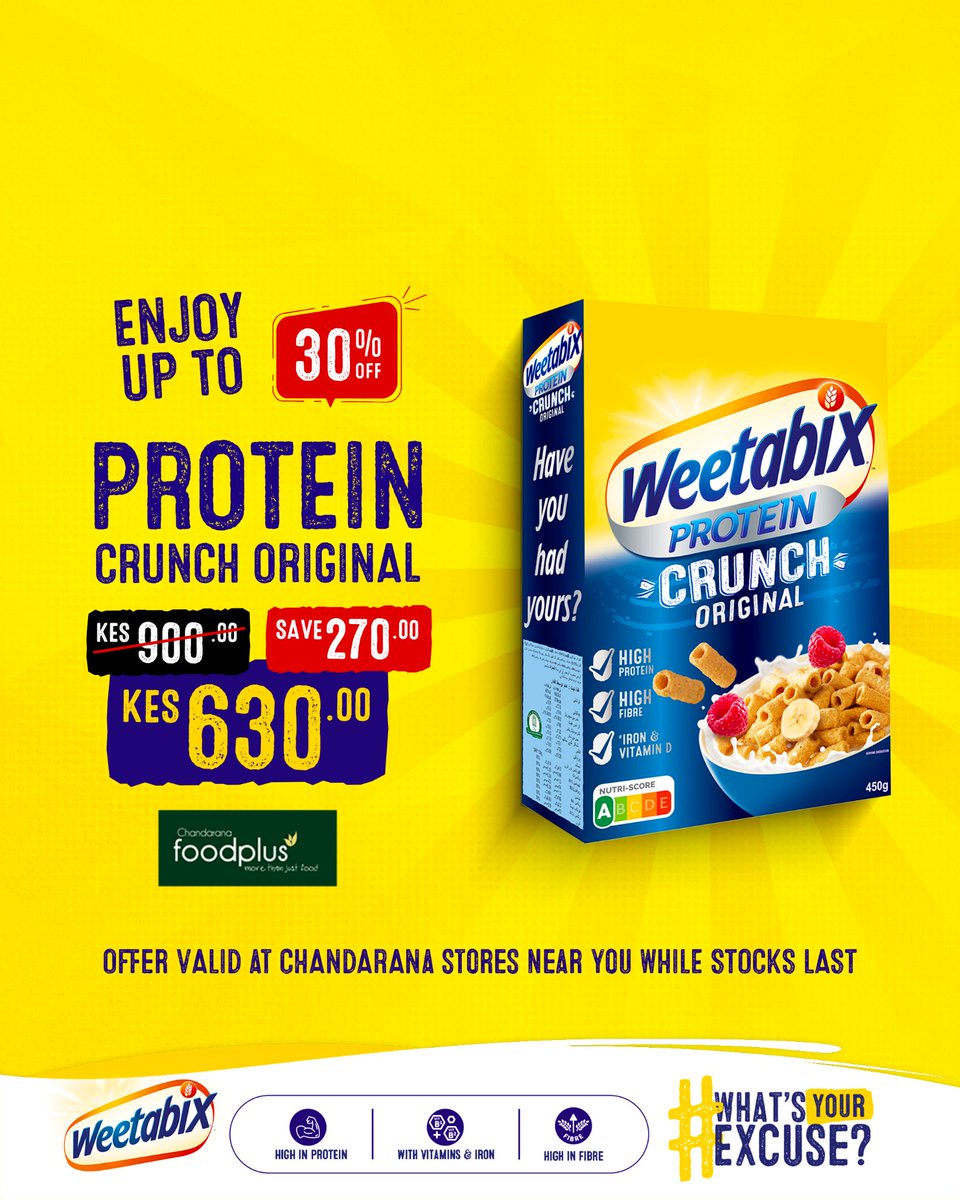 Weetabix East Africa (@weetabixea) on Twitter photo Protein-Packed. Choco-Loaded. Pocket-Friendly.
A Strong start to the day begins with Weetabix Protein Crunch & Choco, now up to 30% OFF!
Find them at your nearest <a href="/ChandaranaSuper/">Chandarana Foodplus</a> stores near you.
Offer valid while stocks last.
#WhatsYourExcuse Protein-Packed. Choco-Loaded. Pocket-Friendly.
A Strong start to the day begins with Weetabix Protein Crunch & Choco, now up to 30% OFF!
Find them at your nearest <a href="/ChandaranaSuper/">Chandarana Foodplus</a> stores near you.
Offer valid while stocks last.
#WhatsYourExcuse