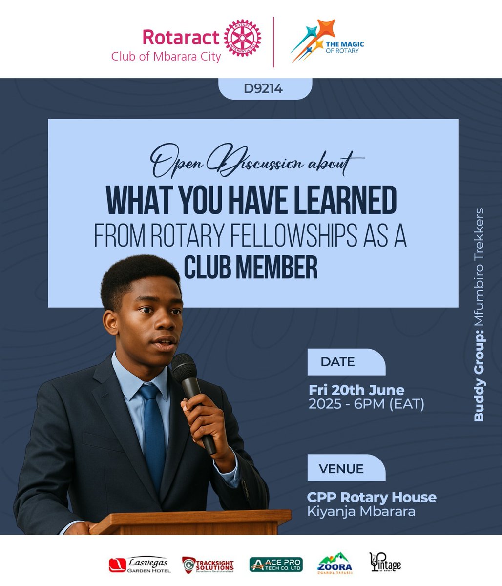 What's the impact of Rotary Fellowships on your journey as a club member? 🤔 Come share your insights and learn from others at Rotaract Club of Mbarara City's open discussion, happening tonight!

🗓️ Fri 20th June 2025
⏰ 6 PM (EAT)
📍 CPP Rotary House, Kiyanja Mbarara

See you!