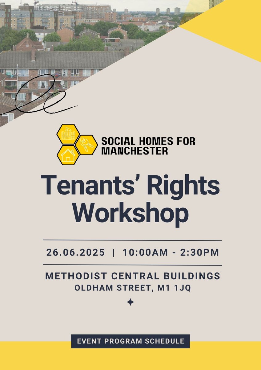 ShelterGM's tweet image. Join us at the Social Homes 4 MCR workshop to learn more about social housing tenants rights, attend drop-in sessions with Shelter, Greater Manchester Law Centre, and Greater Manchester Tenants Union, and learn how you can get involved with our campaign to build more social homes