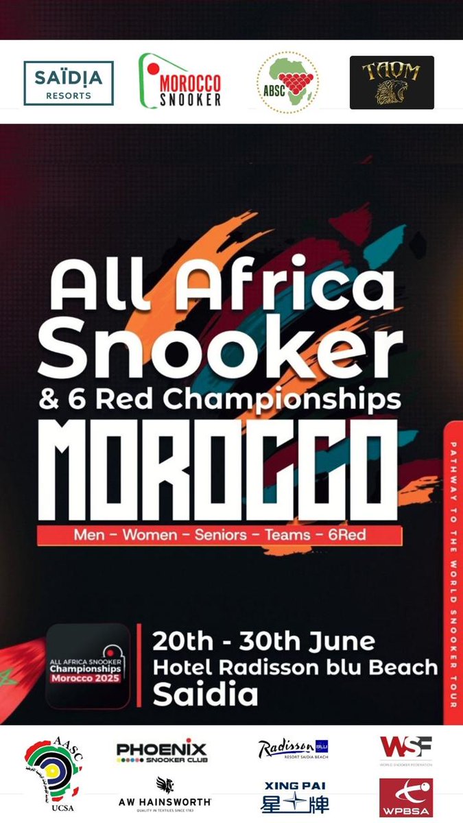 🇲🇦 ALL-AFRICA SNOOKER CHAMPIONSHIPS 2025 🏆

The All-Africa Snooker Championships get underway today in Saïdia, Morocco! 

A two-year <a href="/WeAreWST/">WST</a> tour card is on offer to the winner of the main event 🎟️🙌

The event can be followed at africabsc.org