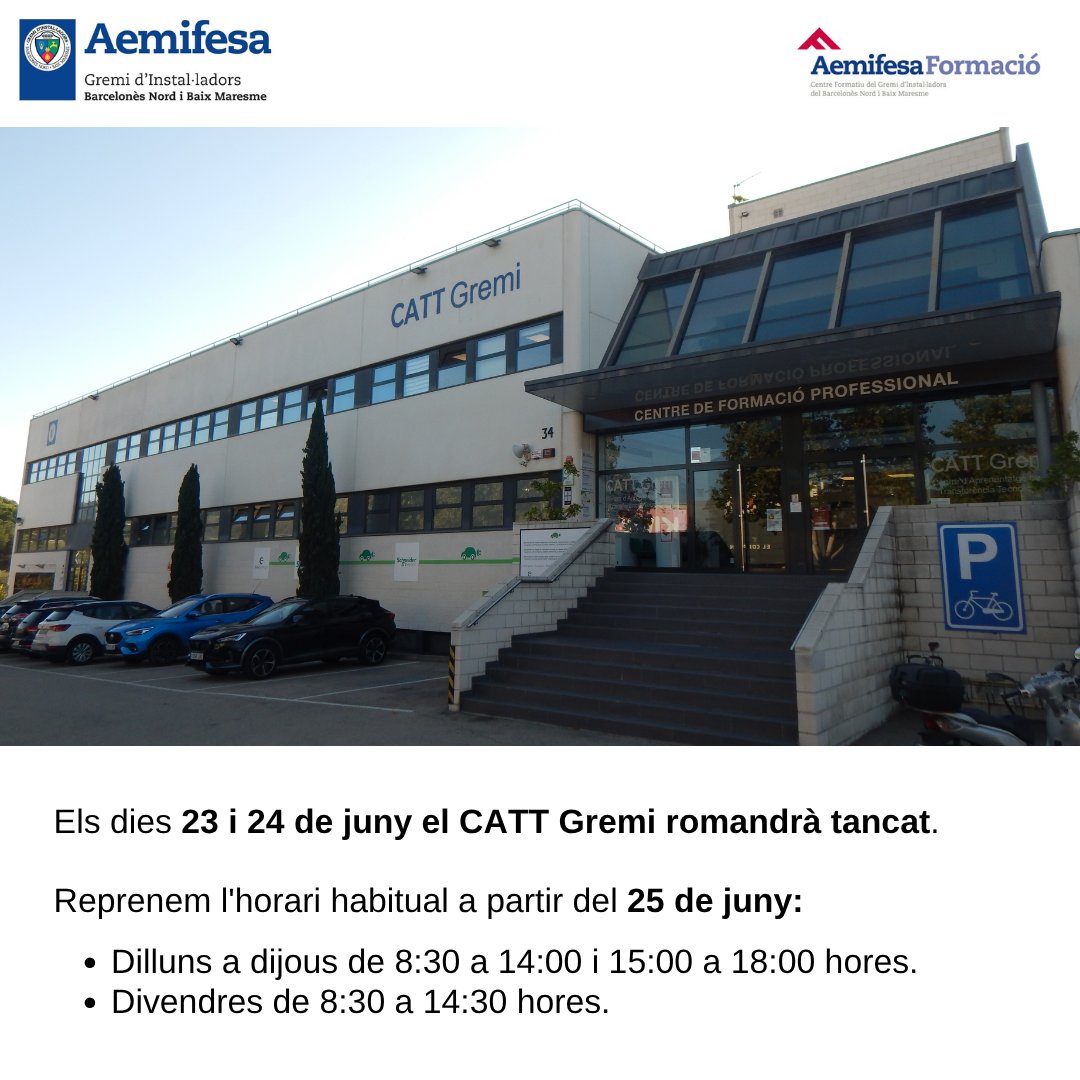 Aemifesa - Aemifesa Formació (@catt_gremi) on Twitter photo Amb motiu de la festivitat de Sant Joan us informem que el dia 23 i 24 de juny el CATT Gremi romandrà tancat.
Reprendrem l’horari habitual a partir del 25 de juny
-Dilluns a dijous de 8:30 a 14:00 i 15:00 a 18:00 hores.
-Divendres de 8:30 a 14:30 hores.
Bona Revetlla a tothom Amb motiu de la festivitat de Sant Joan us informem que el dia 23 i 24 de juny el CATT Gremi romandrà tancat.
Reprendrem l’horari habitual a partir del 25 de juny
-Dilluns a dijous de 8:30 a 14:00 i 15:00 a 18:00 hores.
-Divendres de 8:30 a 14:30 hores.
Bona Revetlla a tothom