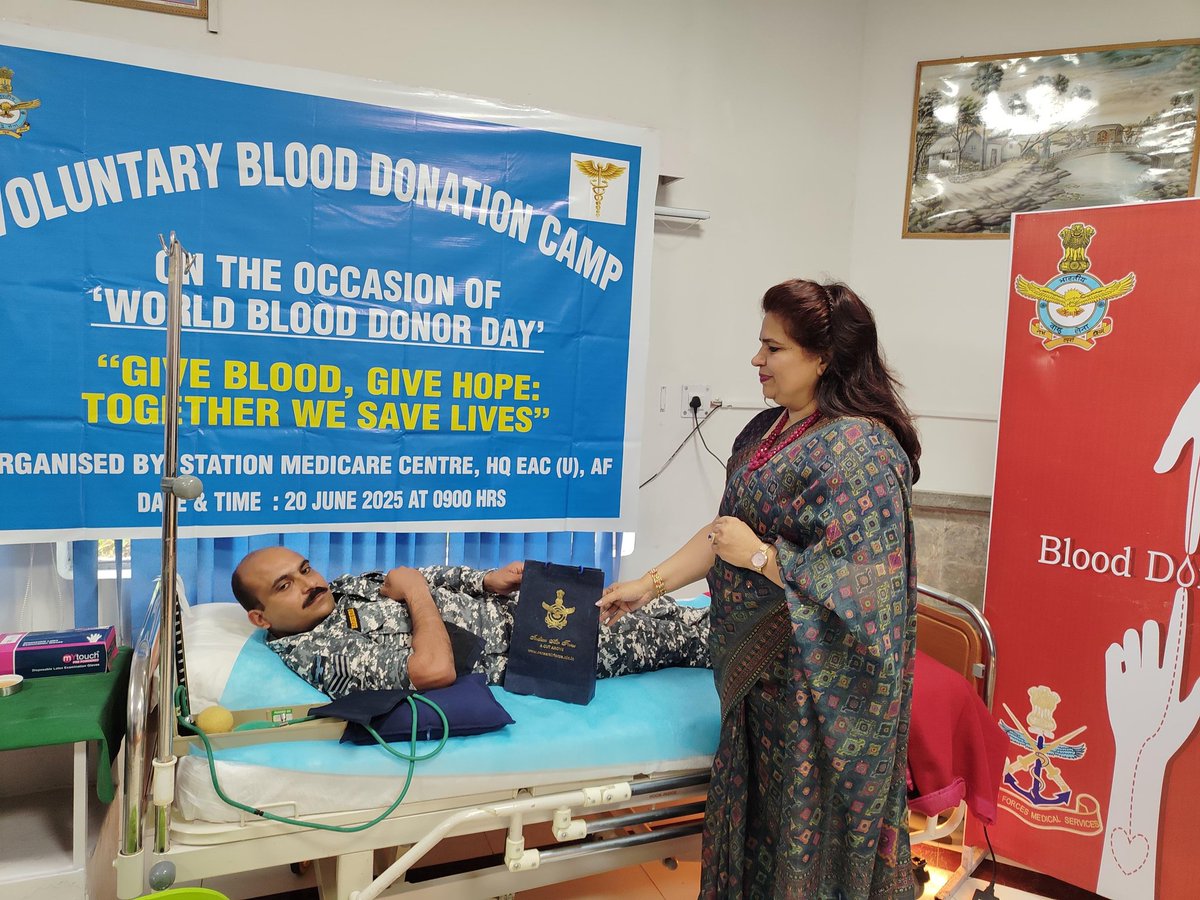 EAC_IAF's tweet photo. A Blood Donation Camp themed "Give Blood๐ฉธ, Give Hope: Together we save lives" was organised by HQ EAC (U) in collaboration with #PasteurInstitute, Shillong. The camp was inaugurated by Mrs Nisha Singh, President AFFWA (R) @EAC_IAF on 20 June 2025.
#EAC
#EachDropCounts https://t.co/5MMvfQJfsS
