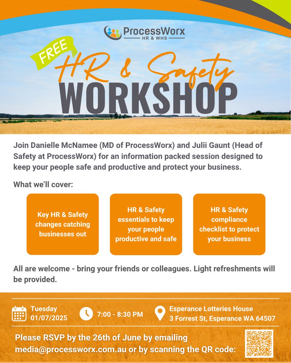 processworx's tweet photo. Join us in Esperance for a free HR &amp; Safety workshop - open to all farm and business owners, not just our clients!

Register here: https://t.co/QY9mGbBoMj https://t.co/wsJKo4QSnO