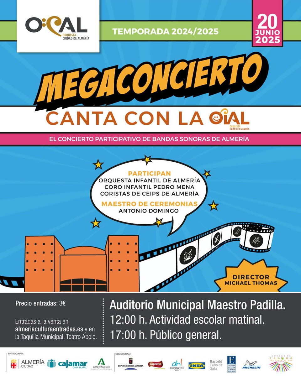 📢  Recuerda, ¡plan para hoy!
🎼  Concierto de la OCAL <a href="/OcalAlmeria/">OCAL</a>, 'Canta con la OIAL (Orquesta Infantil)'. 17.00 horas. Auditorio. 
🎟️ almeriaculturaentradas.es
#AlmeriaEsCultura <a href="/aytoalm/">Ayuntamiento de Almería</a>  @windcruz