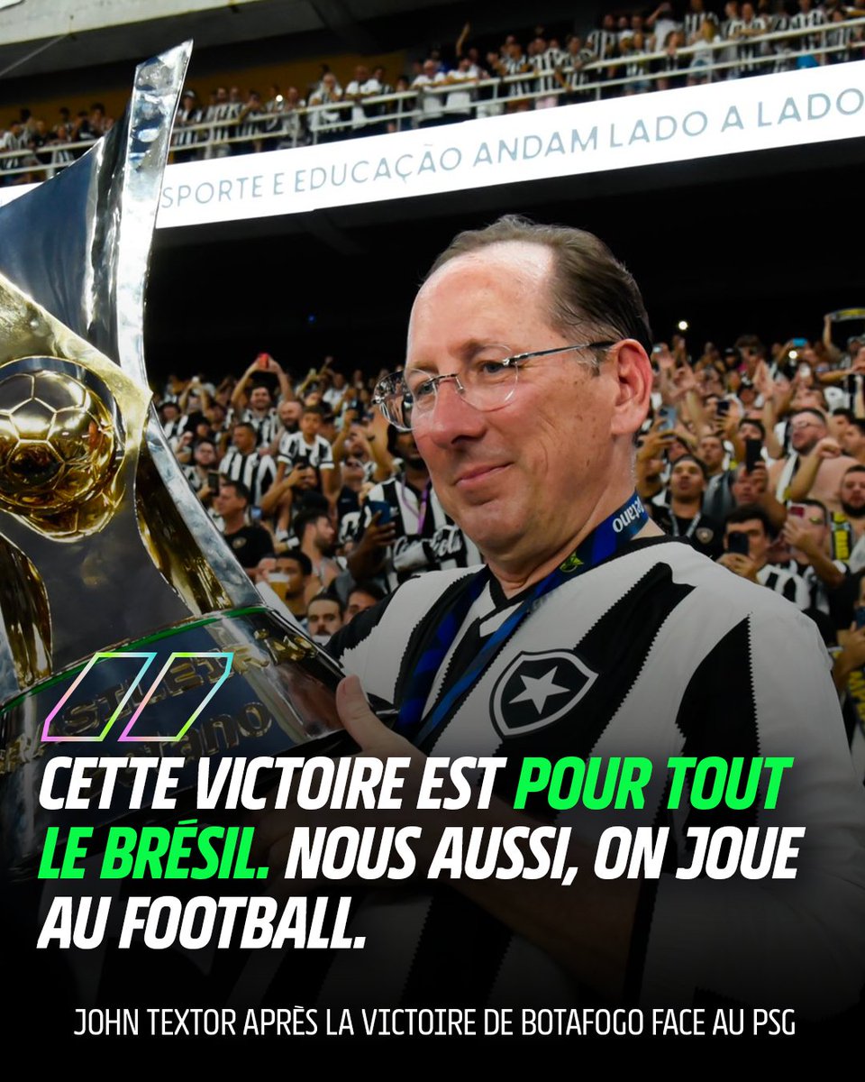 🤯 "Nous aussi, on joue au football." 

John Textor tient enfin sa victoire face au PSG !
Botafogo a créé la surprise en s'imposant 1-0 face aux Parisiens et s'empare de la 1ère place du groupe B, devant le PSG et l'Atletico Madrid.