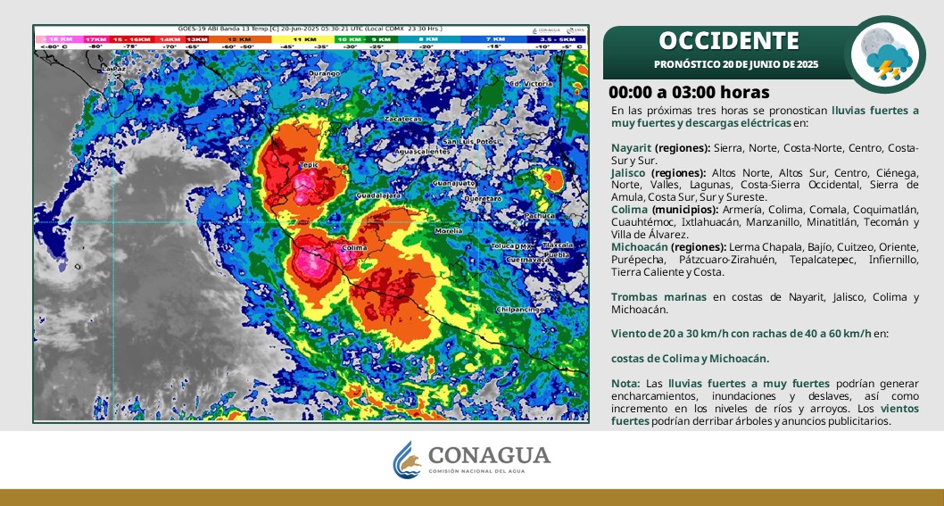 En las próximas tres horas se pronostican #Lluvias fuertes a muy fuertes y rachas fuertes de #Viento en el occidente de #México. Ver detalles en⬇️