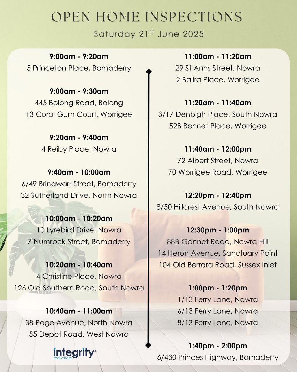 Integrity2003's tweet photo. Open Homes | Saturday 21st June 2025 π‘
Join us this weekend to view some of our amazing sale properties - you won't be disappointed! π€©
#getabetterpricewithintegrity #integrityrealestate #openforinspection #openhouse #shoalhaven #forsale #houseforsale #HomeForSale #openhome https://t.co/7T6BiwbeWp