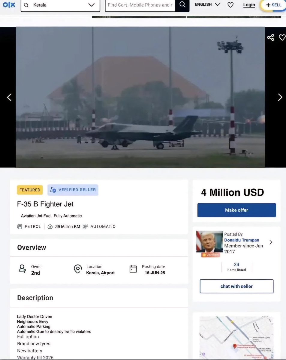 The F-35 is in India for just Six days, and Indians have listed it for sale on #OLX at $4 Million.

Hence proved, India is not for beginners 😭🙆‍♂️