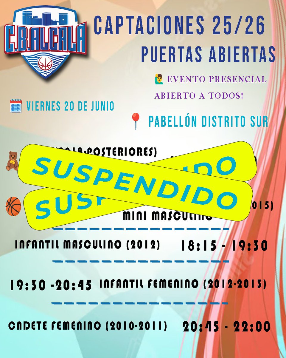 📢 ¡Atención familias y deportistas!

Debido a las altas temperaturas, suspendemos los entrenamientos de canasta pequeña (Baby, Premini y Mini) de esta tarde 🛑☀️.

La salud y seguridad de los peques es lo primero 💧❤️

El resto de entrenamientos se mantienen.