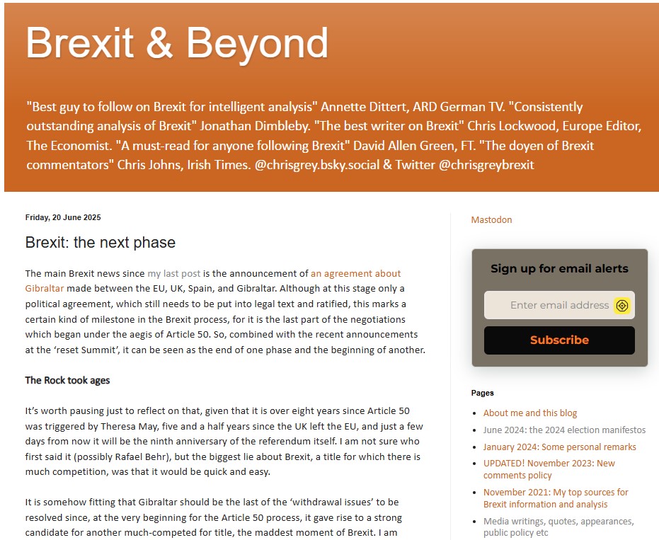 chrisgreybrexit's tweet image. Brexit: the next phase. New post on my Brexit & Beyond Blog. With the Gibraltar agreement ending the A50 issues, and the Reset Summit over, we're entering a period of technical adjustments. Thoughts on that, and the 9th anniversary of the Referendum: chrisgreybrexitblog.blogspot.com/2025/06/brexit…