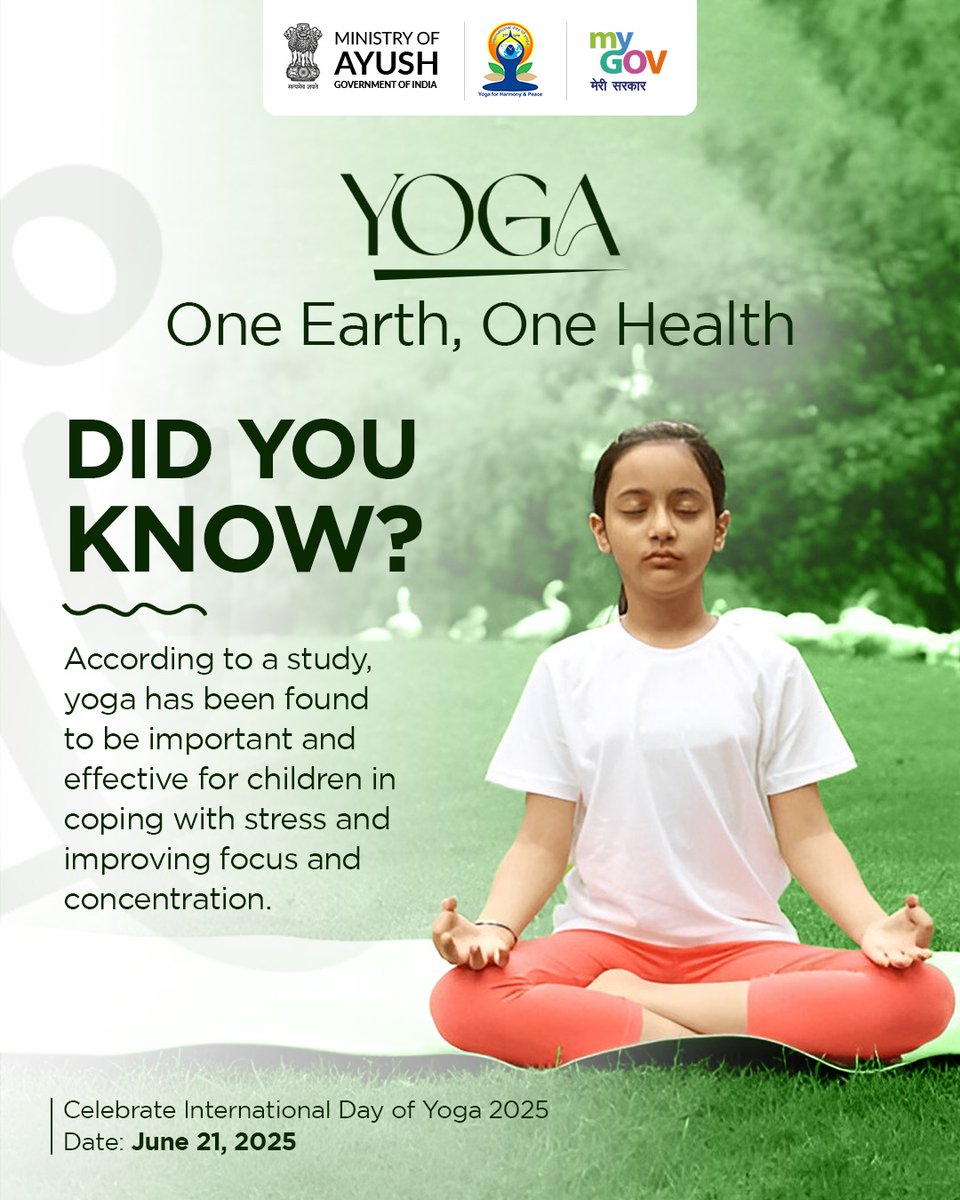 MyGovIndia (@mygovindia) on Twitter photo Did you know?
Yoga helps children manage stress and enhances their focus and concentration. This 21st June, on the #InternationalDayOfYoga, let’s introduce young minds to the lifelong benefits of yoga! 🧘♀️
#IDY2025
#OneEarthOneHealth
<a href="/moayush/">Ministry of Ayush</a> Did you know?
Yoga helps children manage stress and enhances their focus and concentration. This 21st June, on the #InternationalDayOfYoga, let’s introduce young minds to the lifelong benefits of yoga! 🧘♀️
#IDY2025
#OneEarthOneHealth
<a href="/moayush/">Ministry of Ayush</a>