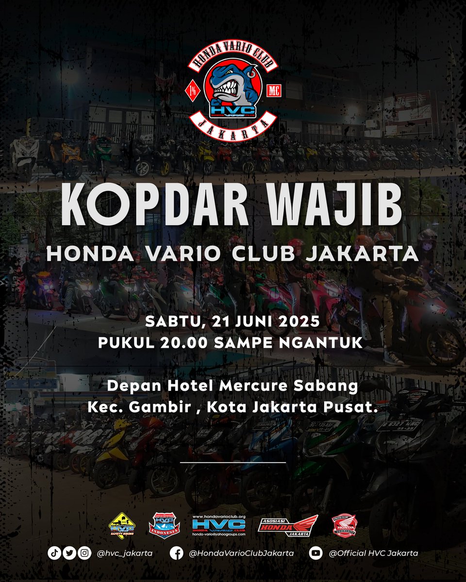 •••
IT'S TIME TO‼️
KOPDAR WAJIB HVC JAKARTA❤️‍🔥
( Terbuka untuk Umum )

• Hari, Tanggal : Sabtu malam Minggu,
21 Juni 2025
• Waktu : 20:00 WIB - Ngantuk
• Tempat : Depan Hotel Mercure Sabang
Kec. Gambir - Kota Jakarta Pusat