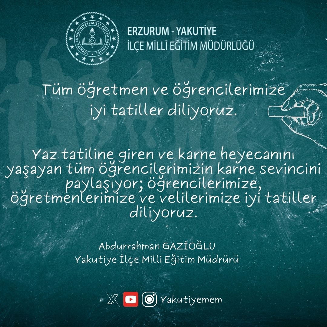 YAKUTİYE İLÇE MEM (@yakutiyemem) on Twitter photo İlçe Millî Eğitim Müdürümüz Sn. Abdullahman GAZİOĞLU'nun 2024-2025 Eğitim Öğretim Yılı, Yıl Sonu Karne Mesajı
<a href="/tcmeb/">Millî Eğitim Bakanlığı</a>
<a href="/Yusuf__Tekin/">Yusuf Tekin</a>
<a href="/ErzurumValiligi/">T.C.Erzurum Valiliği</a>
<a href="/Erzurum_Mem/">Erzurum İl Millî Eğitim Müdürlüğü</a>
<a href="/TuncayKaldirim/">Tuncay Kaldırım</a>
<a href="/yakupyildiz024/">Yakup YILDIZ</a> İlçe Millî Eğitim Müdürümüz Sn. Abdullahman GAZİOĞLU'nun 2024-2025 Eğitim Öğretim Yılı, Yıl Sonu Karne Mesajı
<a href="/tcmeb/">Millî Eğitim Bakanlığı</a>
<a href="/Yusuf__Tekin/">Yusuf Tekin</a>
<a href="/ErzurumValiligi/">T.C.Erzurum Valiliği</a>
<a href="/Erzurum_Mem/">Erzurum İl Millî Eğitim Müdürlüğü</a>
<a href="/TuncayKaldirim/">Tuncay Kaldırım</a>
<a href="/yakupyildiz024/">Yakup YILDIZ</a>