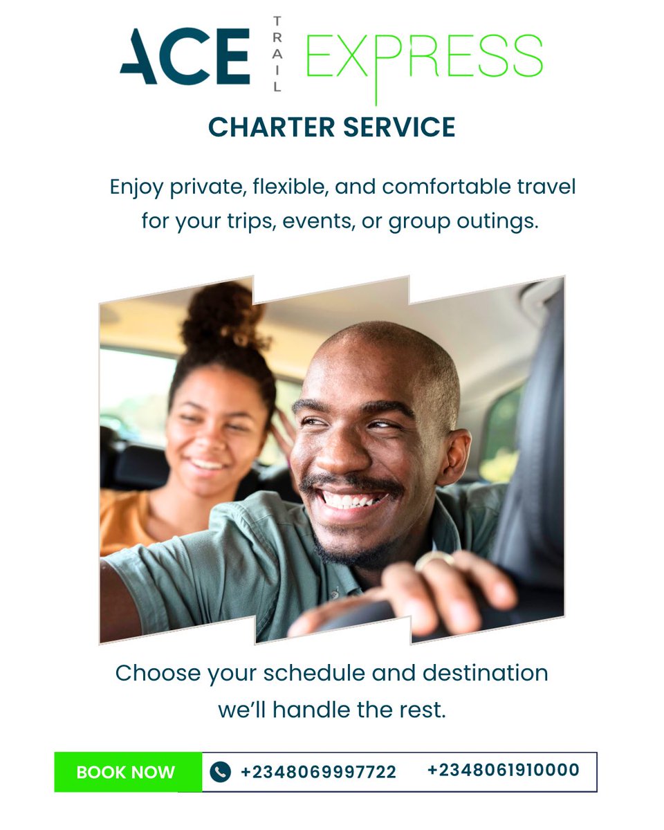 AcetrailExpres's tweet photo. Travel your way, on your time!
With Acetrail Express Charter Service, enjoy private, flexible, and super comfortable rides for your trips, events, or group outings.

📞 Book now:
+2348069997722 | +2348061910000

#AcetrailExpress #CharterService #TravelInStyle #PrivateTrips #gntm https://t.co/qtLA08SmIp