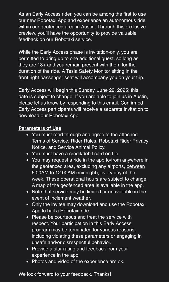 thalerz's tweet image. “Tesla Robotaxi access will begin this Sunday, June 22, 2025 in Austin, Texas — Confirmed Early Access participants will receive a separate invitation to download our #Robotaxi App.”