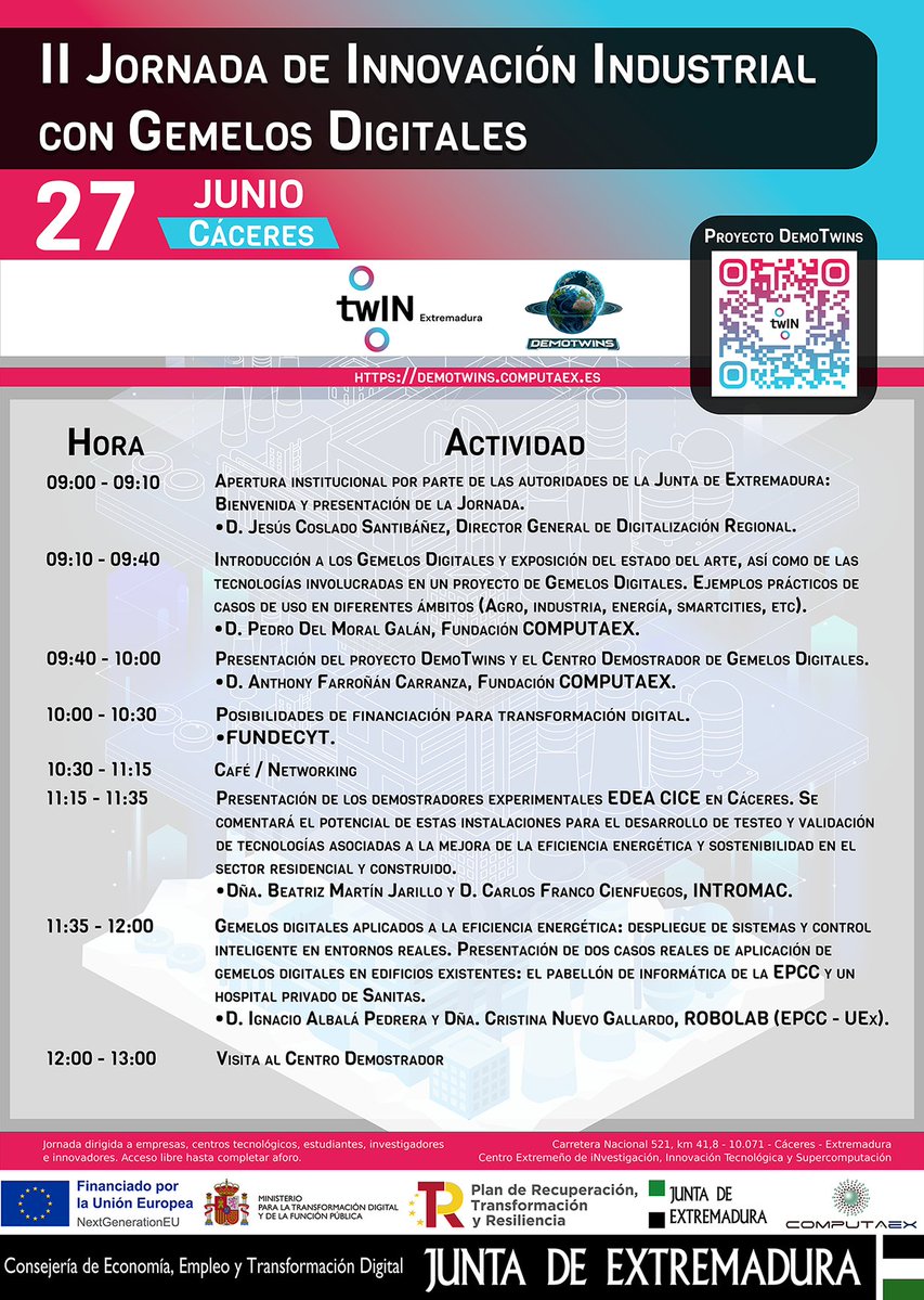 ¿Perteneces al sector industrial? Acompáñanos en la II Jornada de Innovación Industrial con Gemelos Digitales #PlanDeRecuperación #NextGenerationEU #industria <a href="/econoempleoEXT/">Economía, Empleo y Transformación Digital</a> demotwins.computaex.es/ii-jornada-de-…