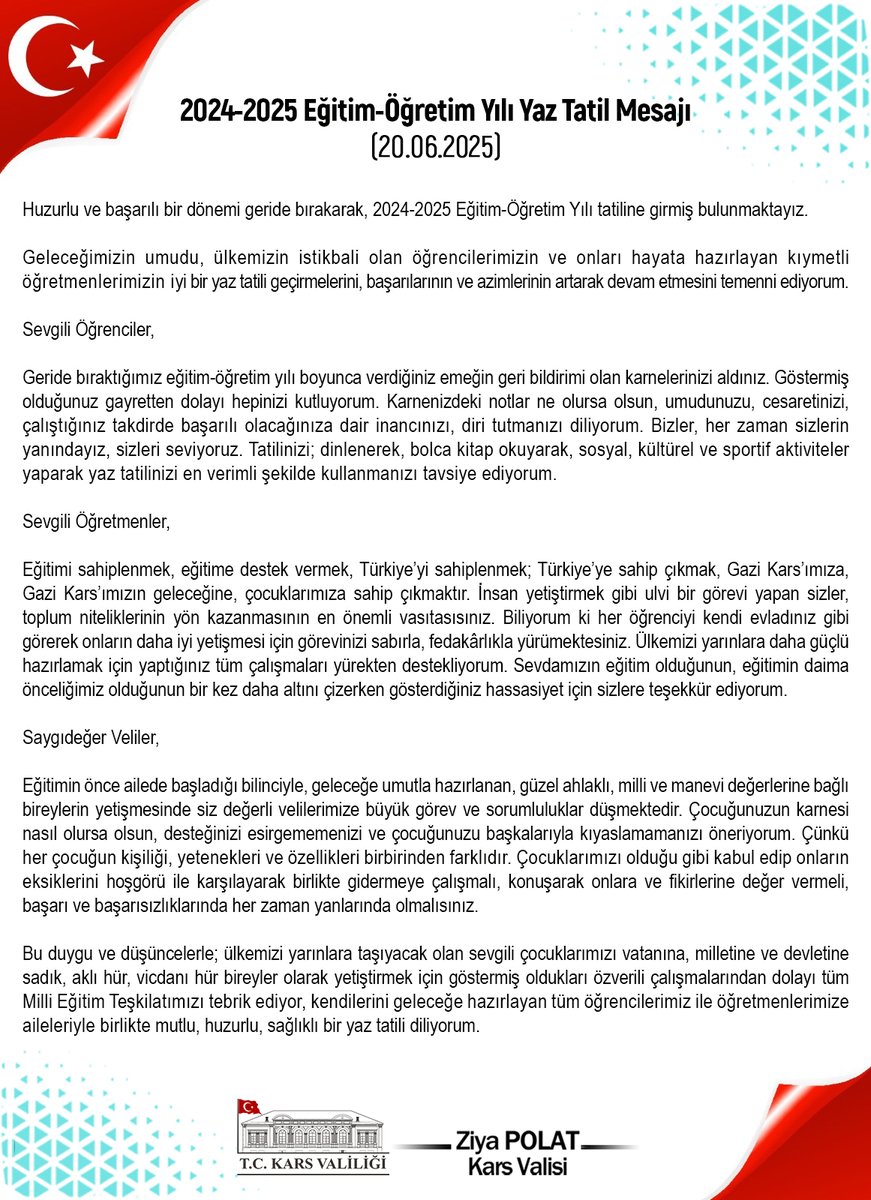 T.C. Kars Valiliği (@karsvaliligi) on Twitter photo Valimiz Ziya Polat'ın 2024-2025 Eğitim-Öğretim Yılı Yaz Tatili Mesajı
<a href="/ziyapolat73/">Ziya POLAT</a>
#SevdamızEğitim
#KAFKASProjesi
#Karne Valimiz Ziya Polat'ın 2024-2025 Eğitim-Öğretim Yılı Yaz Tatili Mesajı
<a href="/ziyapolat73/">Ziya POLAT</a>
#SevdamızEğitim
#KAFKASProjesi
#Karne