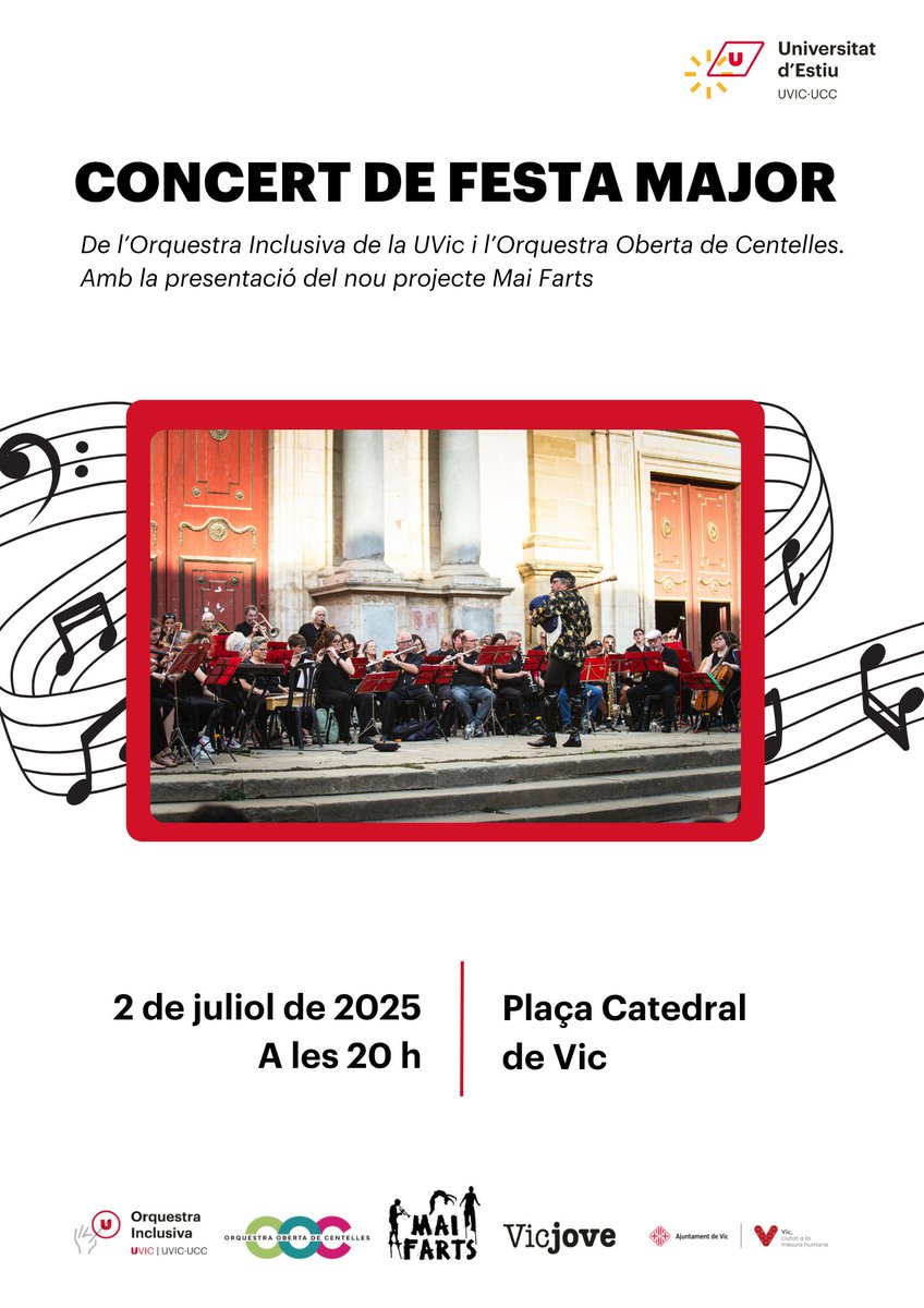 🎉No us perdeu el concert de Festa Major!

De l'Orquestra Inclusiva de la UVic i l'Orquestra Oberta de Centelles. A més, hi haurà la presentació del nou projecte Mai Farts🎻

Una activitat dins de la Universitat d’Estiu de la UVic

🗓2 de juliol
🕗20h
📍Plaça Catedral de Vic