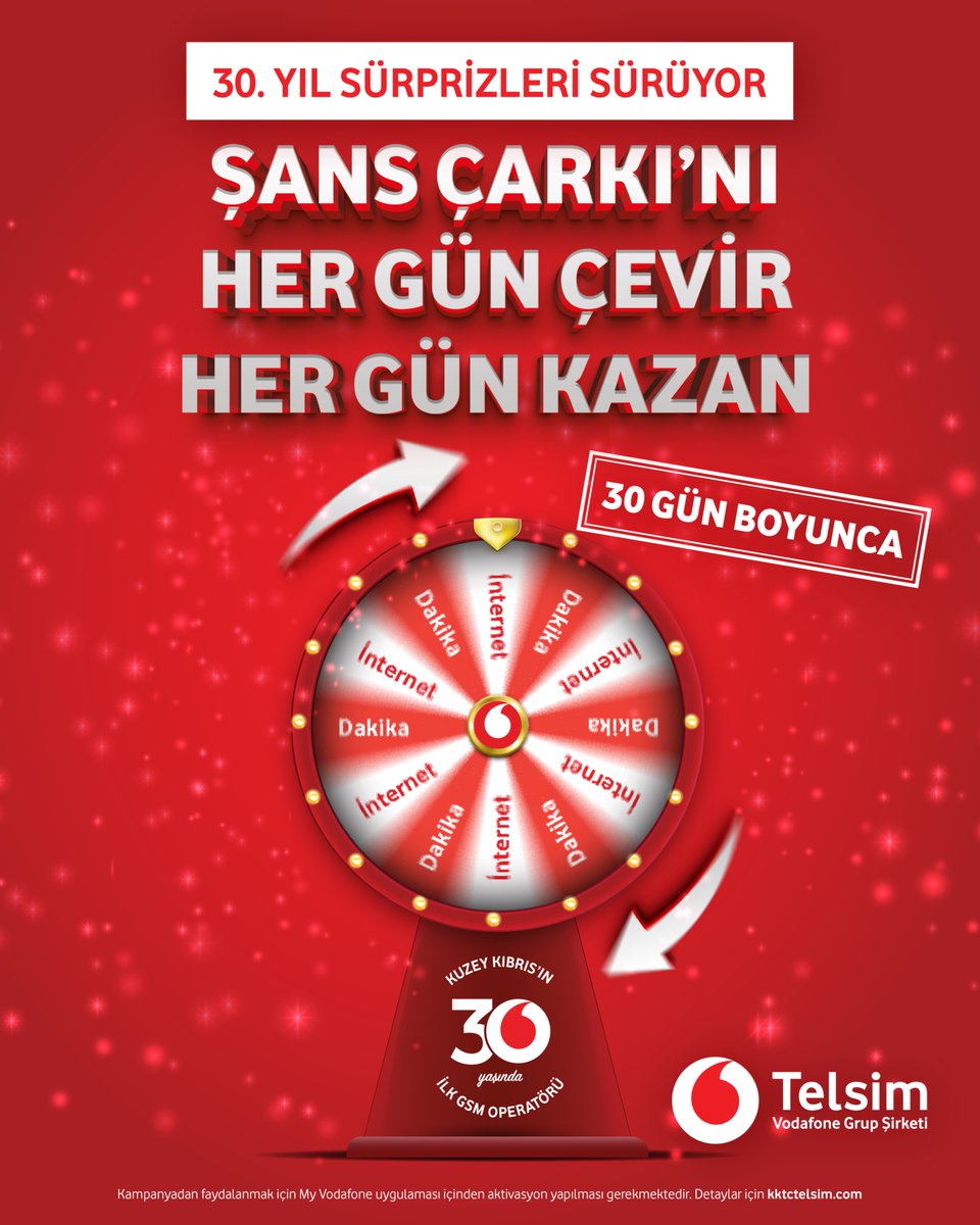Kuzey Kıbrıs’ın birinci operatörü Telsim, 30. yaşını sürprizlerle kutlamaya devam ediyor.

Şans Çarkı’nı 30 gün boyunca her gün çevirin, her gün dakika ve GB kazanın :)

Detaylı bilgiyi My Vodafone uygulamamızdaki 30. Yıl bölümünden alabilirsiniz.