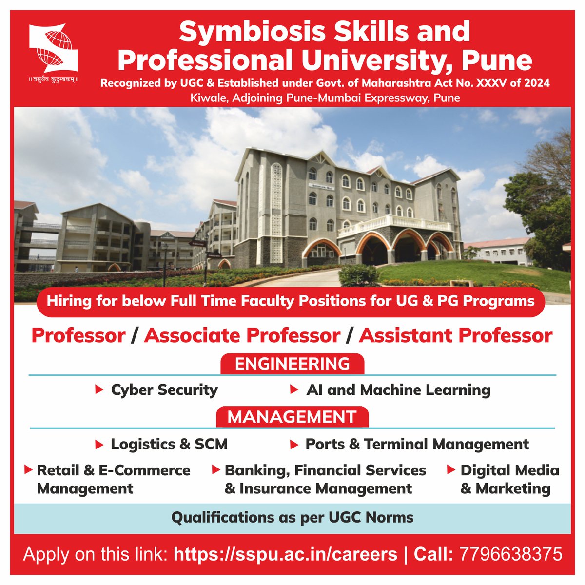 We’re Hiring | Full-Time Faculty Positions at Symbiosis Skills &amp; Professional University, Pune
Join India’s #1 Ranked Skill University   and be part of our mission to empower future-ready talent.
🔗 Apply Now: sspu.ac.in/careers
📞 Call: 7796638375
#WeAreSSPU