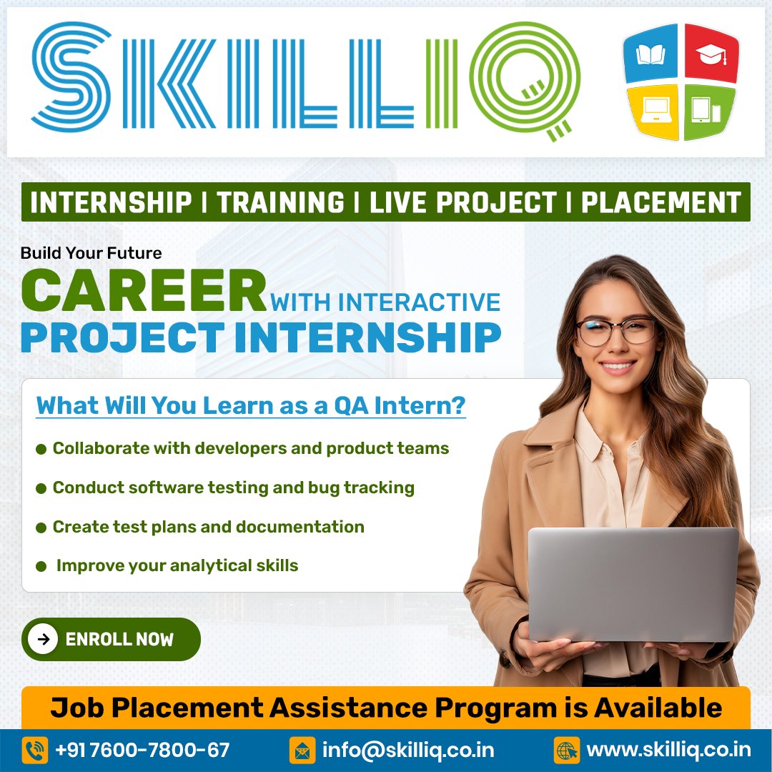 SkillIQCourse's tweet image. 🎯 Build your career with SkillIQ’s Project Internship!

💡 What you will Learn:
✅ Collaborate with Product Teams
✅ Test &amp;amp; Track Bugs
✅ Sharpen Analytical Skills

📞 +91 7600-7800-67
🌐 skilliq.co.in

🚀 Enroll Now!

#SkillIQ #ITInternship #Ahmedabad #JobReadySkills