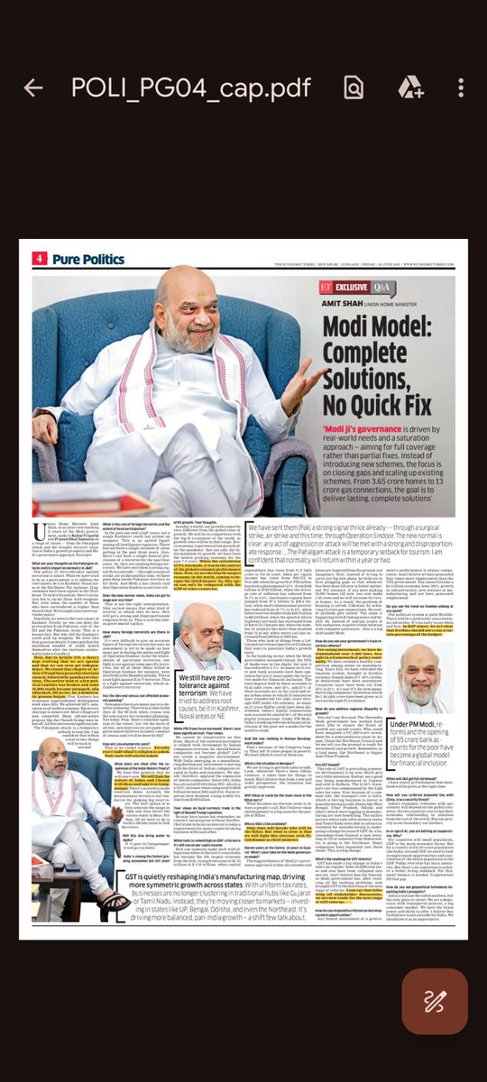 HM Amit Shah interview to Economic Times:

* Geopolitical turbulence not a hurdle for India, safest place to invest.

* Pahalgam a temp setback to tourism. Normalcy within a year or two.

* Will divert  excess waters of Indus &amp; Chenab to Beas, take it to Ganganagar (via Delhi)