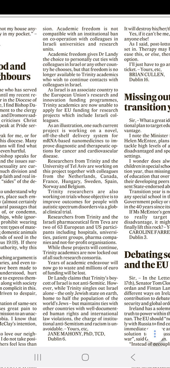 Jane Mahony (@janemahony) on Twitter photo My letter today in <a href="/ITletters/">Irish Times Letters</a>
on <a href="/tcddublin/">Trinity College Dublin</a> boycott of Israel. As the head of another Irish university said to me last week "Of course, none of this has been thought through and the reality of research and research grants across Europe and beyond seems to have escaped everybody" My letter today in <a href="/ITletters/">Irish Times Letters</a>
on <a href="/tcddublin/">Trinity College Dublin</a> boycott of Israel. As the head of another Irish university said to me last week "Of course, none of this has been thought through and the reality of research and research grants across Europe and beyond seems to have escaped everybody"