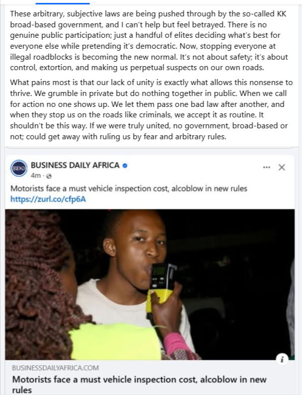 What pains me most is that our lack of unity is exactly what allows this nonsense to thrive. We grumble in private but do nothing together in public. We let them pass one bad law after another, and when they stop us on the roads like criminals, we accept it as routine.