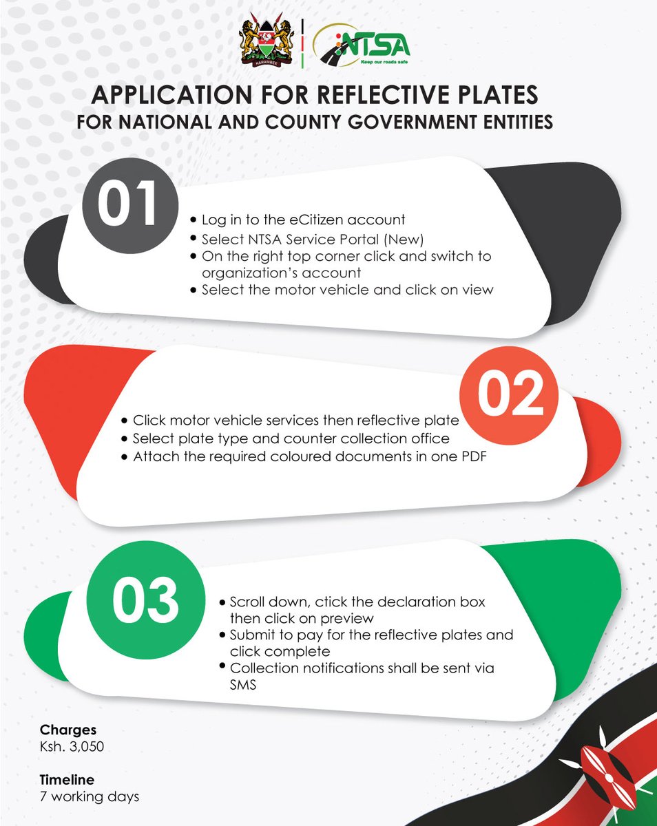 Simple steps to follow when applying for reflective numberplates for vehicles belonging to the National and County government entities.
