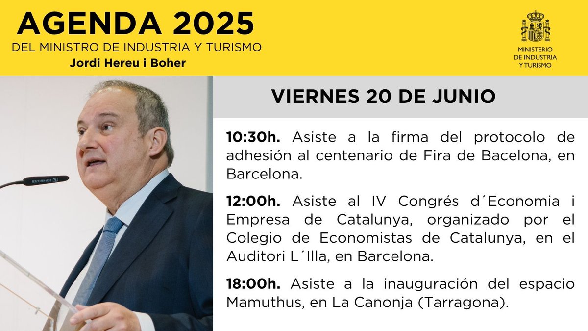 Buenos días. 🗓 Agenda pública del ministro <a href="/jordihereub/">Jordi Hereu</a> para este viernes 20 de junio.