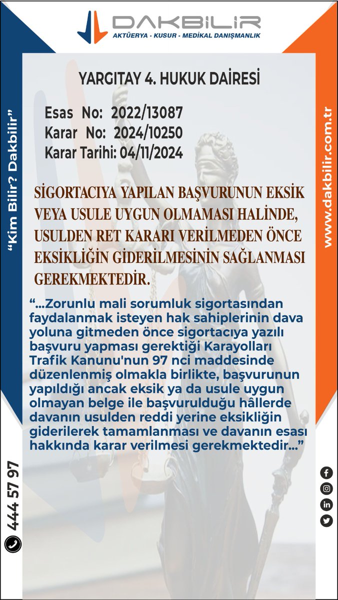 Dakbilircom's tweet image. SİGORTACIYA YAPILAN BAŞVURUNUN EKSİK VEYA USULE UYGUN OLMAMASI HALİNDE USULDEN RET KARARI VERİLMEDEN ÖNCE EKSİKLİĞİN GİDERİLMESİNİN SAĞLANMASI GEREKMEKTEDİR.
#sigorta #başvuru #usulden #ret #eksikliğin #giderilmesi