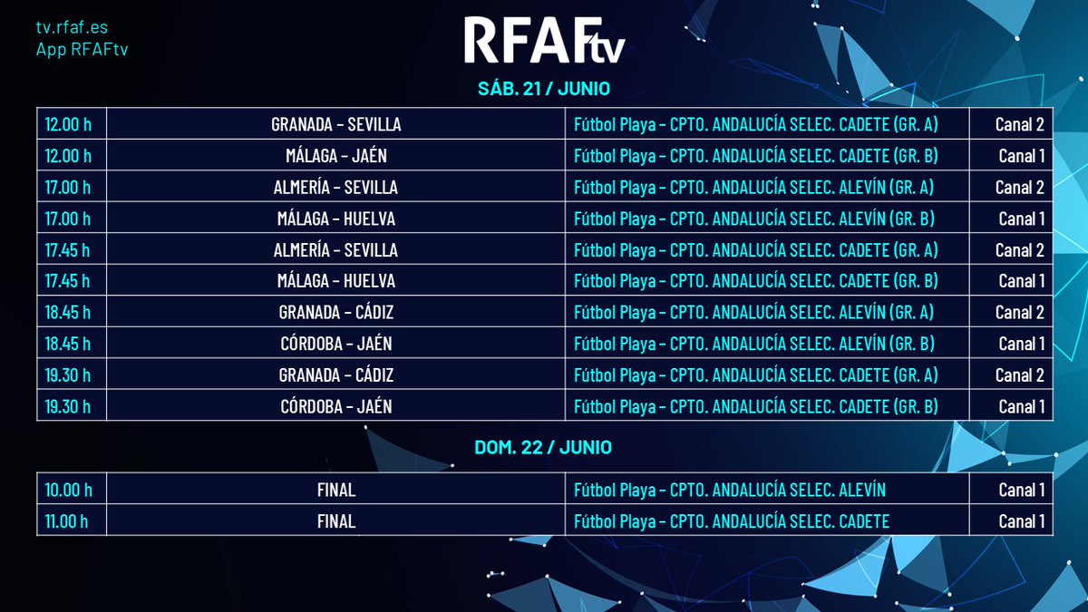 RFAF (@rfaf) on Twitter photo 🏆🏖️ 𝐏𝐫𝐞𝐬𝐞𝐧𝐭𝐚𝐜𝐢ó𝐧 𝐂𝐚𝐦𝐩𝐞𝐨𝐧𝐚𝐭𝐨 𝐝𝐞 𝐀𝐧𝐝𝐚𝐥𝐮𝐜í𝐚 𝐀𝐥𝐞𝐯í𝐧 𝐲 𝐂𝐚𝐝𝐞𝐭𝐞 𝐝𝐞 𝐅ú𝐭𝐛𝐨𝐥 𝐏𝐥𝐚𝐲𝐚
😜2⃣6⃣ Partidazos en 3 días.
🏟️ La Colada <a href="/aytoelviso/">Ayuntamiento de El Viso</a> y Alcaracejos Mozárabe <a href="/AytoAlcaracejos/">AYTO. ALCARACEJOS</a>
📺 En directo #RFAFtv 1 y 2.
▶️ bit.ly/DescargaRFAFtv 🏆🏖️ 𝐏𝐫𝐞𝐬𝐞𝐧𝐭𝐚𝐜𝐢ó𝐧 𝐂𝐚𝐦𝐩𝐞𝐨𝐧𝐚𝐭𝐨 𝐝𝐞 𝐀𝐧𝐝𝐚𝐥𝐮𝐜í𝐚 𝐀𝐥𝐞𝐯í𝐧 𝐲 𝐂𝐚𝐝𝐞𝐭𝐞 𝐝𝐞 𝐅ú𝐭𝐛𝐨𝐥 𝐏𝐥𝐚𝐲𝐚
😜2⃣6⃣ Partidazos en 3 días.
🏟️ La Colada <a href="/aytoelviso/">Ayuntamiento de El Viso</a> y Alcaracejos Mozárabe <a href="/AytoAlcaracejos/">AYTO. ALCARACEJOS</a>
📺 En directo #RFAFtv 1 y 2.
▶️ bit.ly/DescargaRFAFtv