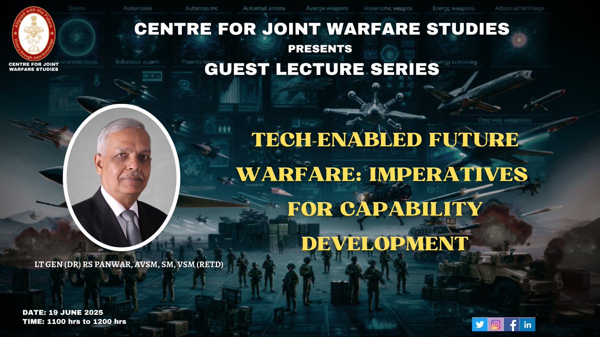 #CENJOWSYouTube

The talk on "Tech Enabled Future Warfare: Imperatives for Capability Development" by Lt Gen (Dr) RS Panwar, AVSM, SM, VSM (Retd) on 19 June 2025, is now available on the CENJOWS YouTube Channel. Like, share, comment, and subscribe for more videos on national and