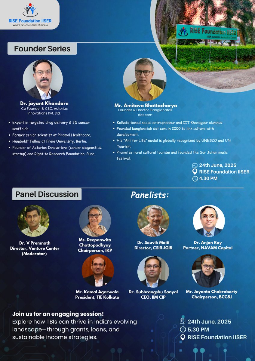 🌱 Behind every thriving startup is a journey of bold ideas, funding challenges &amp; collective support.
Join us as founders and ecosystem leaders come together to share real stories, insights, and what it takes to help TBIs grow.
#RISEFoundationIISER #StartupSupport #FounderVoices