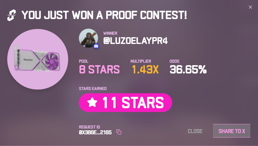 I just won 11 stars in the Succinct Stage 2 Proof Contest! Prove with us <a href="/SuccinctLabs/">Succinct</a> #ProveWithUs