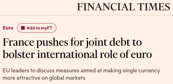 EU-YHTEISVELKAA PUKKAA 

France pushes for joint debt to bolster international role of euro
EU leaders to discuss measures aimed at making single currency more attractive on global markets
ft.com/content/849ede…

Rahtikultti-hommaa.  Reservivaluutta-aseman vahvistaminen on