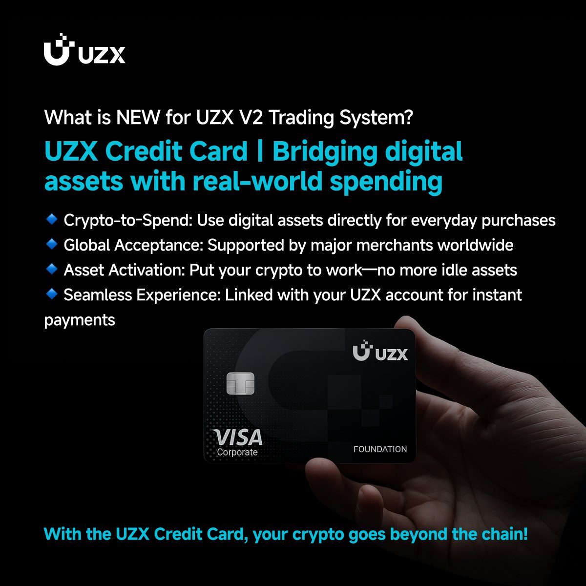 UZX Credit Card is coming! 💳 Spend crypto anytime, anywhere — globally  accepted, instantly connected, no more idle assets. Your crypto, unleashed.  #UZX #CryptoCard #Web3Payments