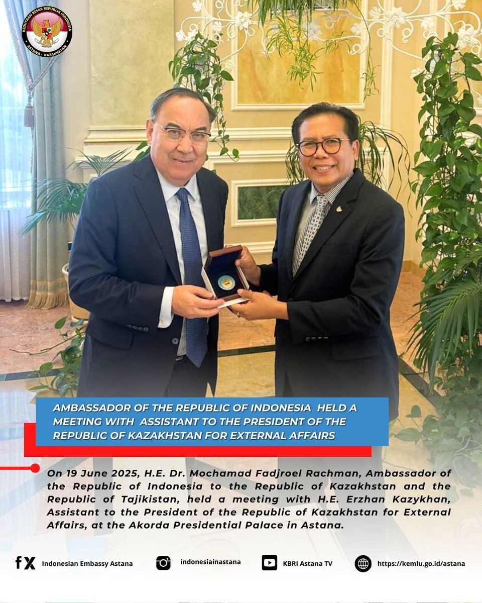 On 19 June 2025, H.E. Dr. Mochamad Fadjroel Rachman, Ambassador of the Republic of Indonesia , held a meeting with H.E. Erzhan Kazykhan, Assistant to the President of the Republic of Kazakhstan for External Affairs, at the Akorda Presidential Palace in Astana. 🇮🇩🇰🇿
#inidiplomasi