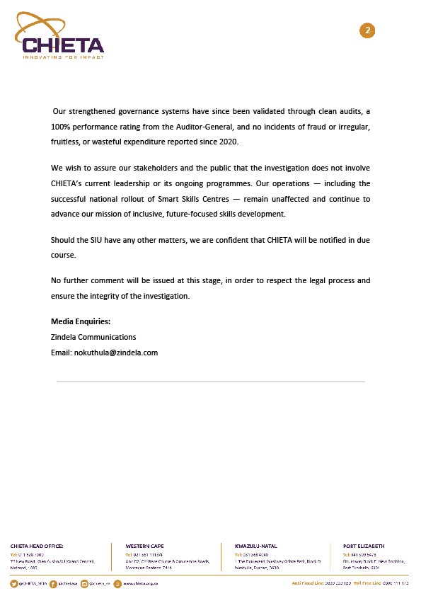 CHIETA welcomes SIU investigation into historical matters (2016–2020), reaffirming its commitment to accountability.

The probe follows CHIETA’s own referral in 2019 and does not involve current leadership or programmes.

#Transparency #Governance