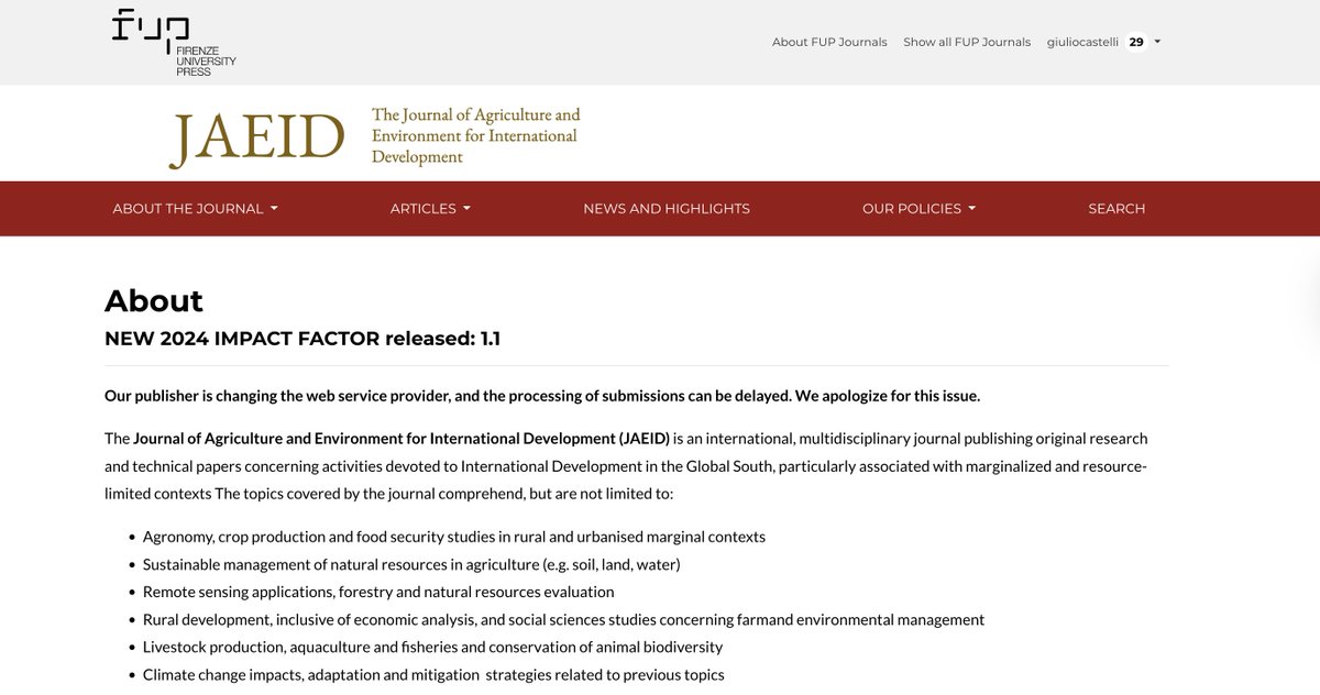 The Impact Factor (IF) of the #Journal of #Agriculture and #Environment for International #Development (#JAEID) has reached 1.1. This is an incredible result, considering that it is not impacted by self-citations!

For more information:
jaeid.it/index.php/jaei…

<a href="/UNI_FIRENZE/">Università di Firenze</a>