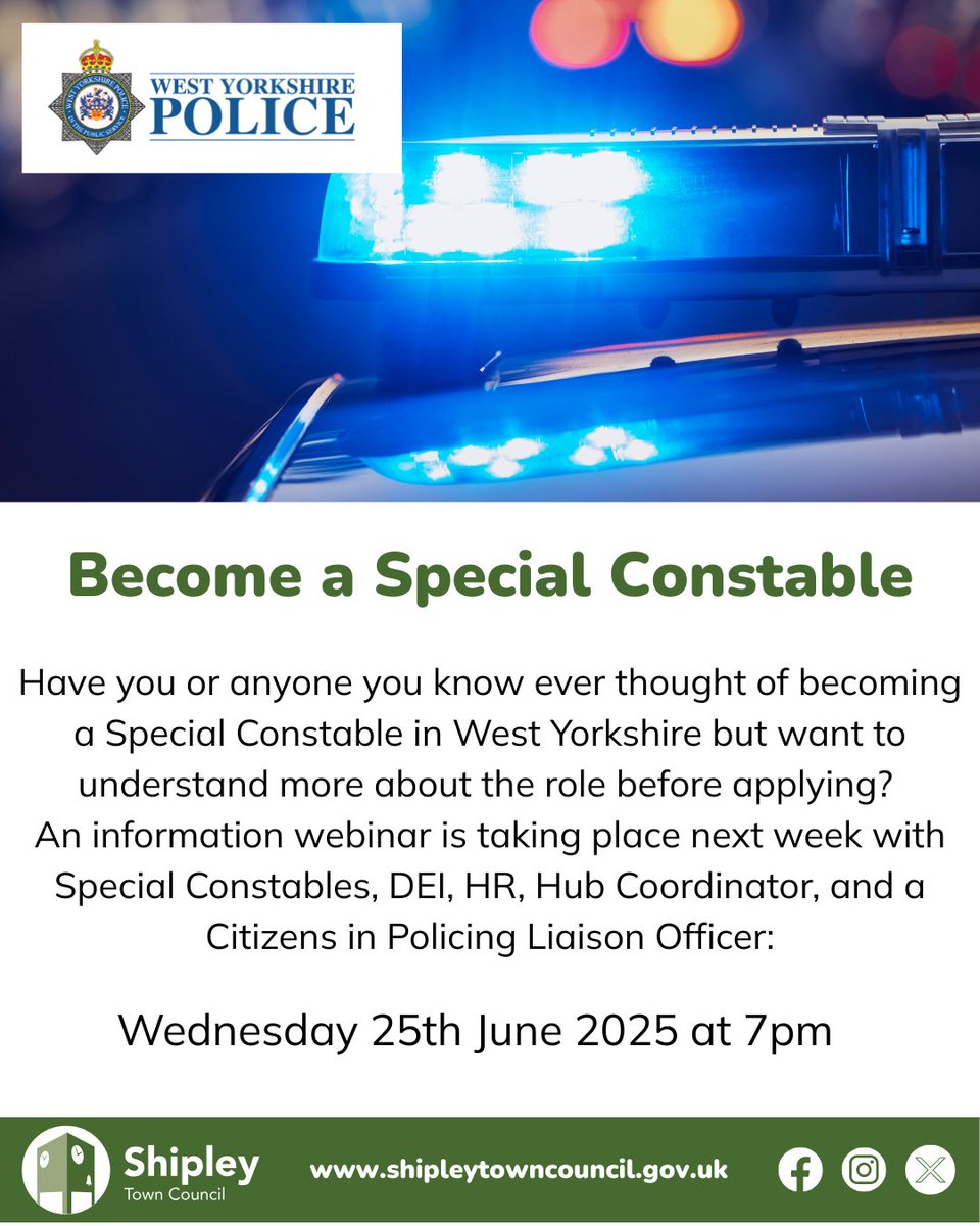 ShipleyTC's tweet image. West Yorkshire Police are holding a Special Constable - Recruitment Event on 25th June.
The webinar will cover details about the role, training, how to apply and Employer Supported Policing.
For further details head to westyorkshire.police.uk/jobs-volunteer….