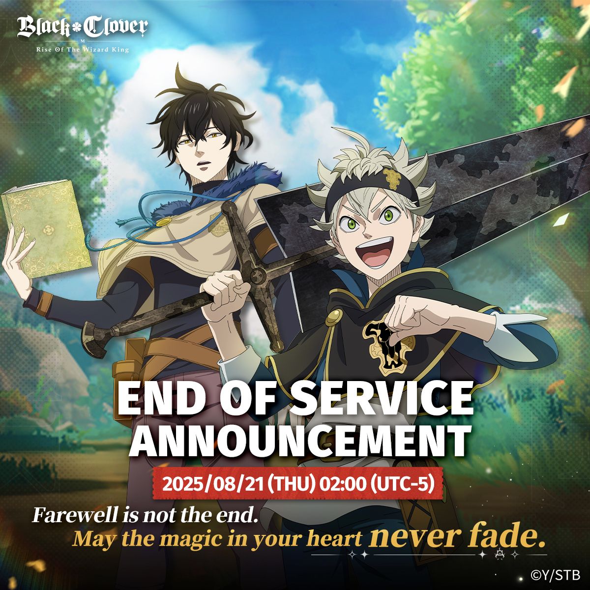 bclover_mobileg's tweet image. Dear Mages,
Greetings from the Black Clover M Team.
Today, we share some difficult news with our loyal fans who have supported us with engagement, love, and passionate criticism that helped shape this game.
With a heavy heart, we are announcing the closure of Black Clover M:…