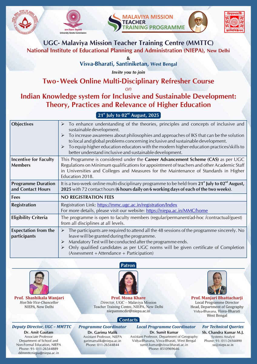 REGISTRATIONS OPEN FOR MMTTC , NIEPA, NEW DELHI REFRESHER PROGRAMME (Online Mode) 21 July - 02 August 2025. NO FEE. CAS COMPLAINT, VISIT (lnkd.in/gbhCNbur) FOR MORE DETAILS.