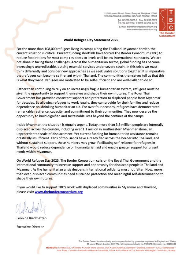 On World Refugee Day 2025, TBC urgently calls for increased support, protection, and solidarity for all those displaced by the crisis in Myanmar.