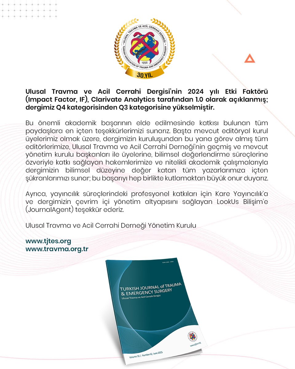 Ulusal Travma ve Acil Cerrahi Dergisi’nin 2024 yılı Etki Faktörü (Impact Factor, IF), Clarivate Analytics tarafından 1.0 olarak açıklanmış; dergimiz Q4 kategorisinden Q3 kategorisine yükselmiştir.
tjtes.org
#impactfactor #turkishjournaloftraumaemergencysurgery