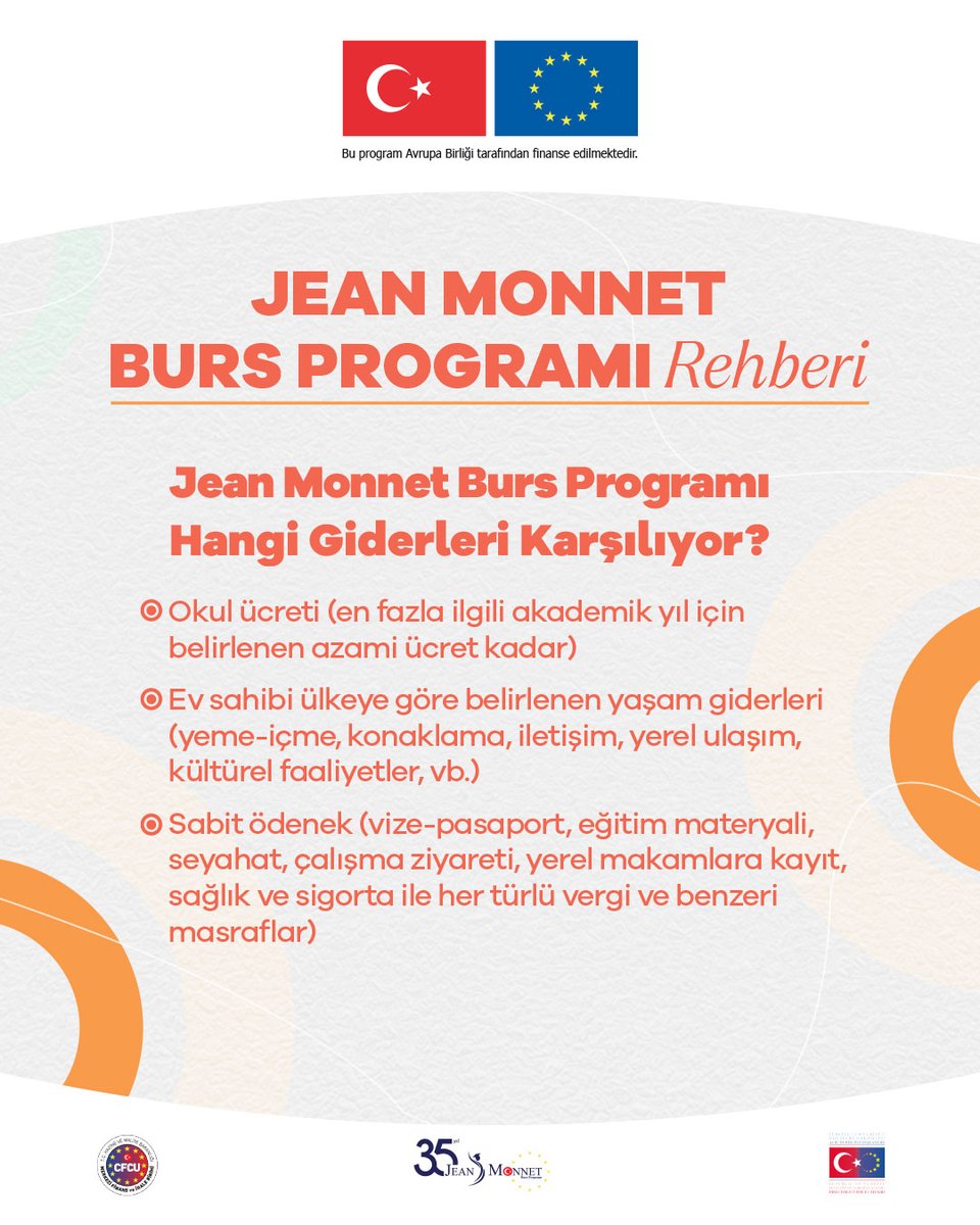 JEAN MONNET BURSU (@jeanmonnetbursu) on Twitter photo Jean Monnet Burs Programı hangi giderleri karşılıyor?
Güncel tutarlar için ilgili akademik yılın duyuru metnini profilimizdeki linkten inceleyebilirsiniz.
#jeanmonnetbursu #jeanmonnet #jeanmonnetbursiyerleri #avrupabirliği
<a href="/ABBaskanligi/">T.C. Dışişleri Bakanlığı Avrupa Birliği Başkanlığı</a> <a href="/EUDelegationTur/">AB Türkiye Delegasyonu🇪🇺EU Delegation to Türkiye</a> <a href="/cfcuturkiye/">Central Finance and Contracts Unit</a> Jean Monnet Burs Programı hangi giderleri karşılıyor?
Güncel tutarlar için ilgili akademik yılın duyuru metnini profilimizdeki linkten inceleyebilirsiniz.
#jeanmonnetbursu #jeanmonnet #jeanmonnetbursiyerleri #avrupabirliği
<a href="/ABBaskanligi/">T.C. Dışişleri Bakanlığı Avrupa Birliği Başkanlığı</a> <a href="/EUDelegationTur/">AB Türkiye Delegasyonu🇪🇺EU Delegation to Türkiye</a> <a href="/cfcuturkiye/">Central Finance and Contracts Unit</a>